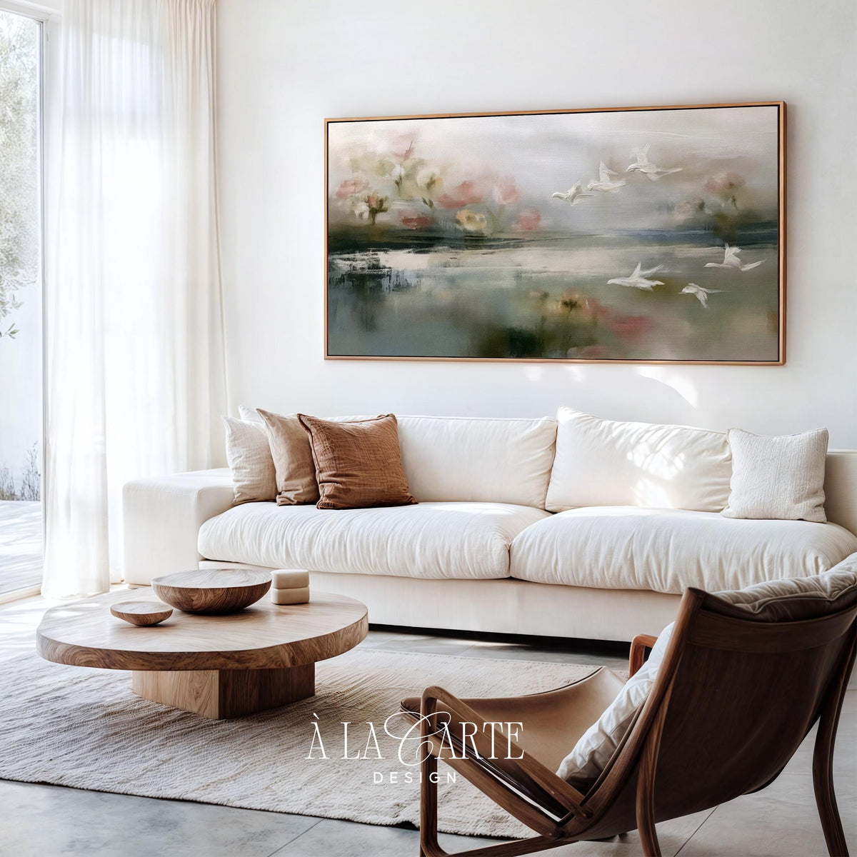 Hazy botanical waterscape TV art for calm spaces — vintage-style flying cranes over reflective water with romantic blush blooms