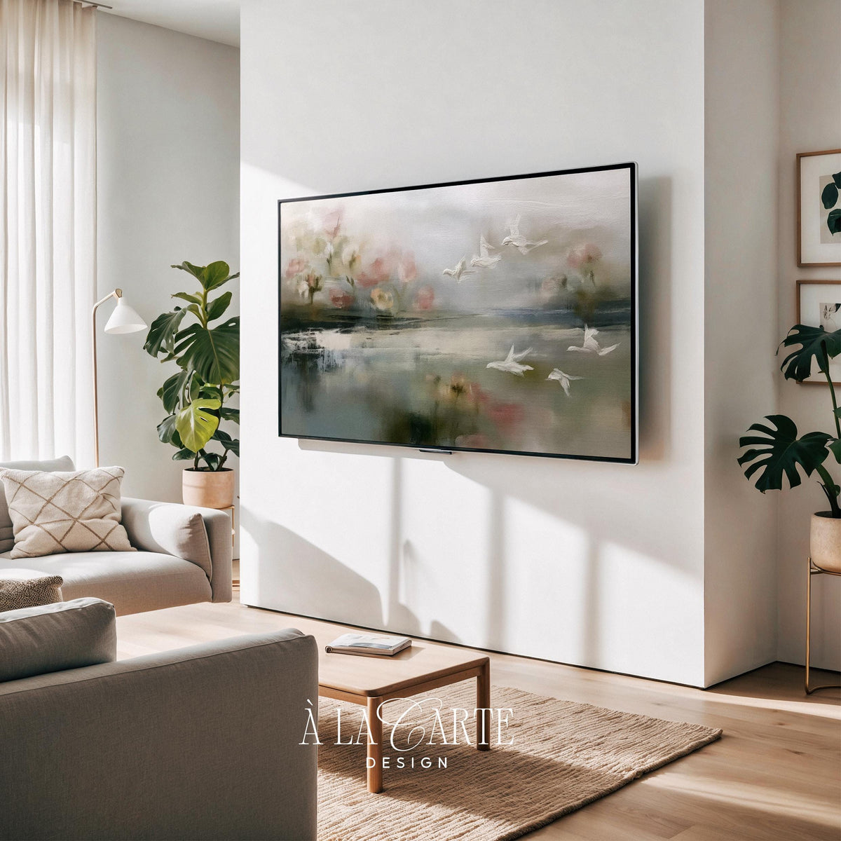 Soft pastel nature Frame TV download — serene panoramic vista with white birds, muted tones, and impressionistic blur effect