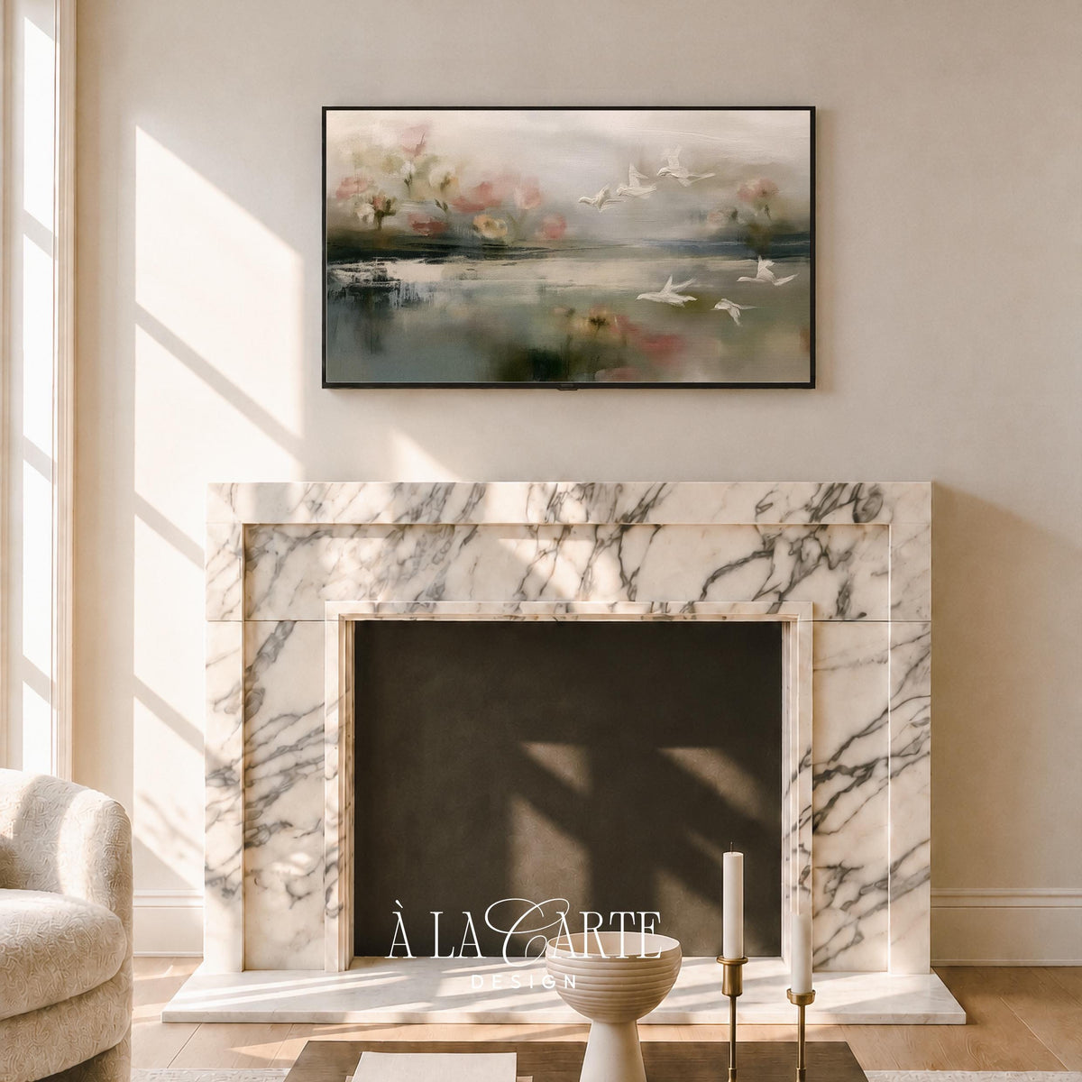 Birds in flight TV art for living room — moody panoramic landscape with blooming trees and tranquil water reflection
