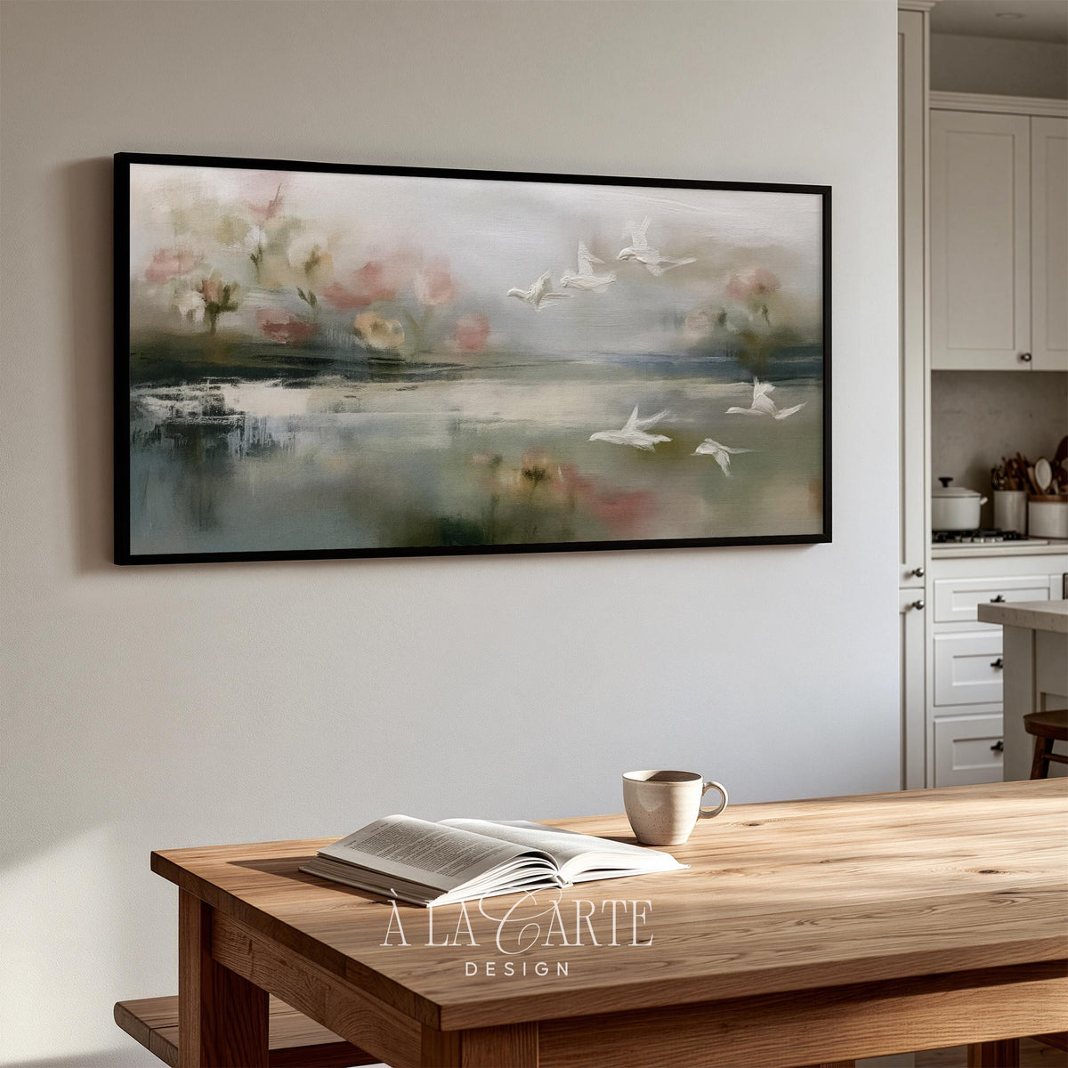 Misty dawn landscape digital art for TV — gentle waterfowl soaring over dreamy pond with cottagecore floral borders