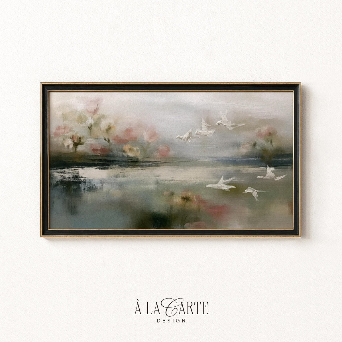 Ethereal lakeside scene digital art for Samsung Frame TV — gentle birds gliding over serene misty pond with cherry blossoms