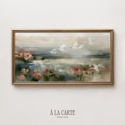 Egrets soaring through hazy marsh digital art for TV — cottagecore Frame TV screensaver with blush blooms and tranquil landscape