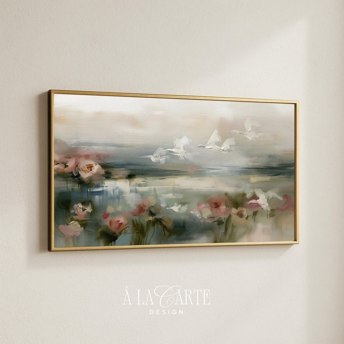 Misty waterfowl landscape for TV display — vintage-style painted wetland scene with gentle pink flowers and serene mood