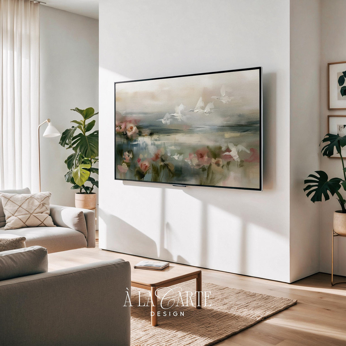 Flying cranes over misty wetland Frame TV art for bedroom — vintage marshland painting with soft pink florals and dreamy atmosphere