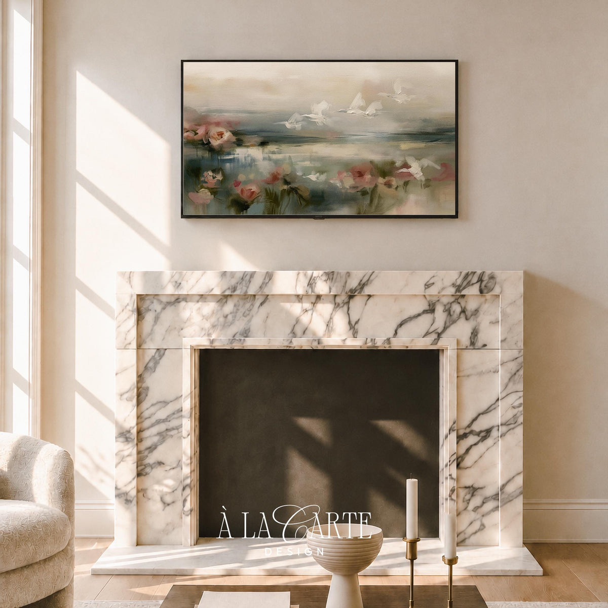 Soft botanical wetland digital art for Frame TV — romantic foggy landscape featuring graceful flying birds and pastel florals