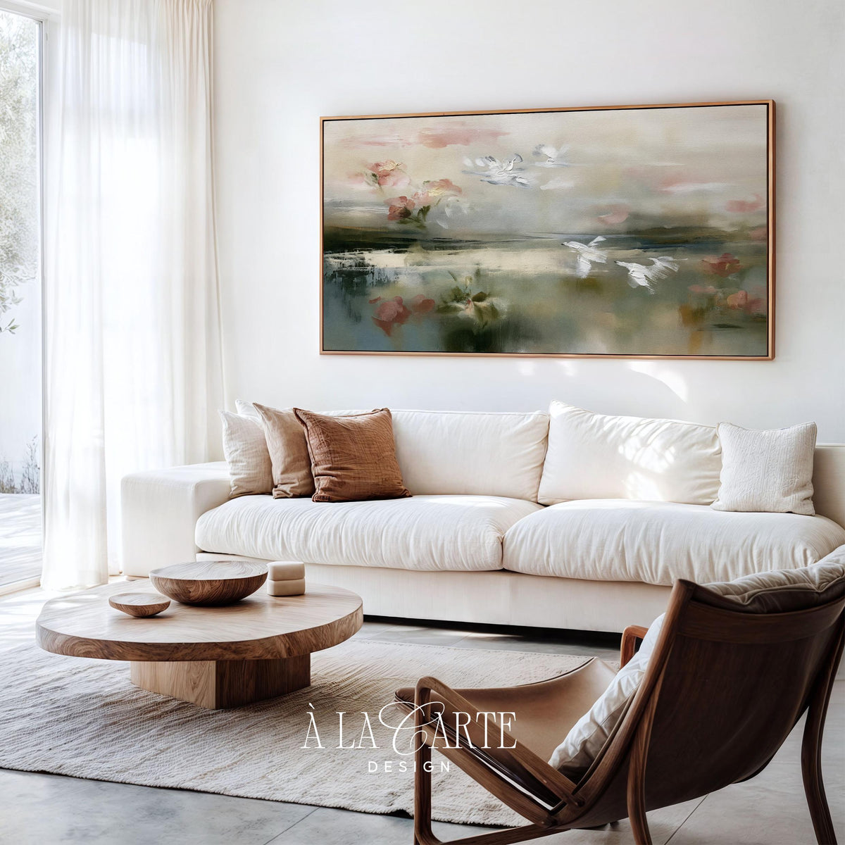 Soft botanical and bird TV art for modern farmhouse — airy abstract painting with textured brushwork, sage tones, and dreamy floral composition