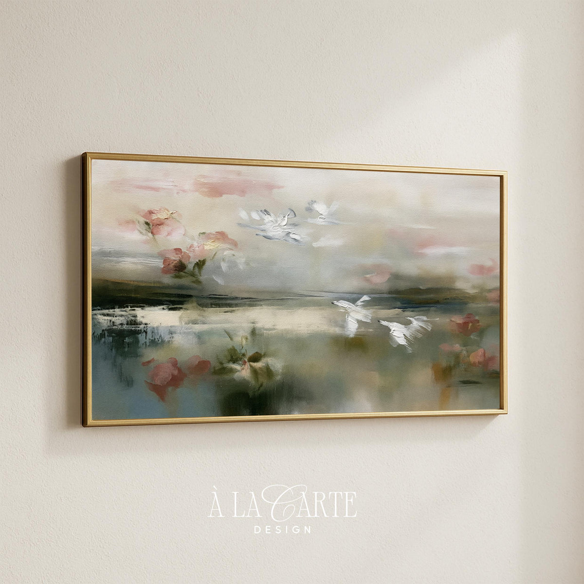Tranquil avian landscape TV screensaver — abstract soft-focus painting with scattered blooms and gentle color blending for living spaces