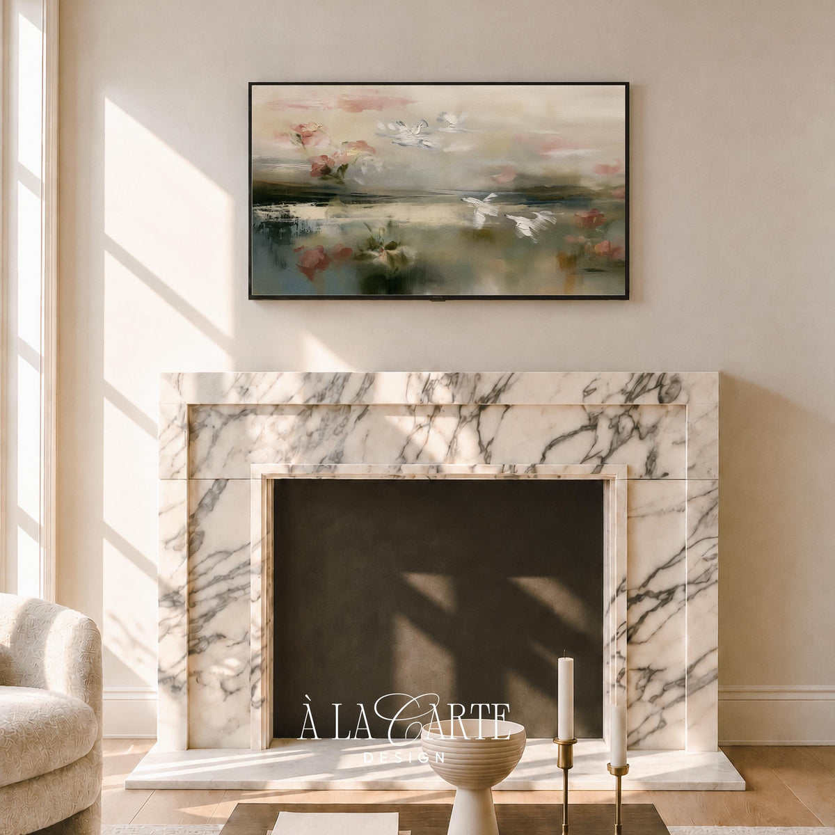 Flying birds digital art for Samsung Frame TV — romantic nature scene with dreamy watercolor-style brushwork and scattered blooms
