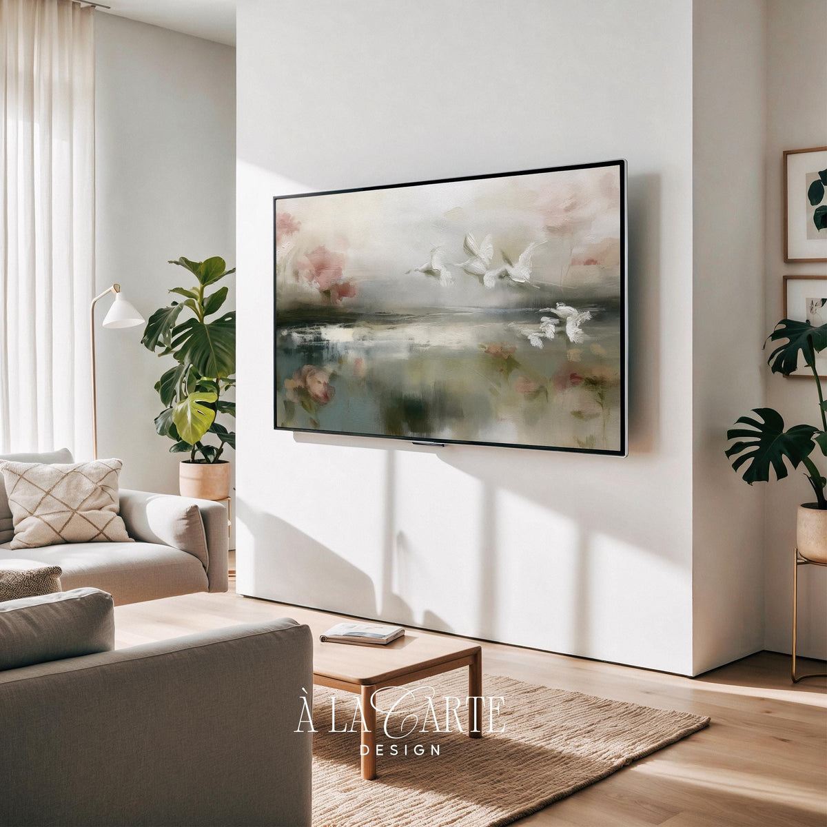 Dreamy crane painting digital art for TV — moody fine-art style with soft palette, abstract water, and vintage elegance