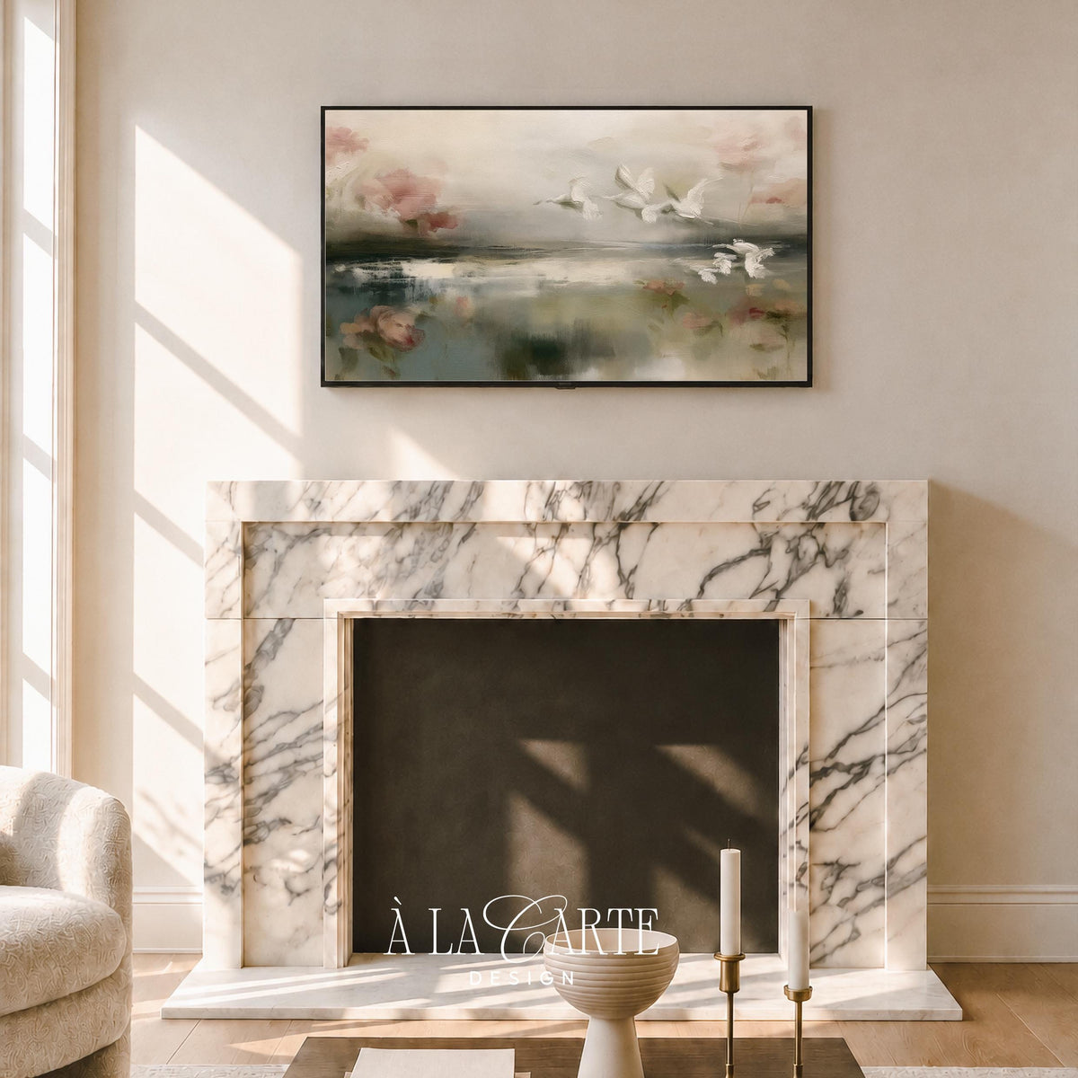 Graceful egrets soaring Frame TV art — serene painterly scene with blush florals, misty horizon, and contemplative romantic mood