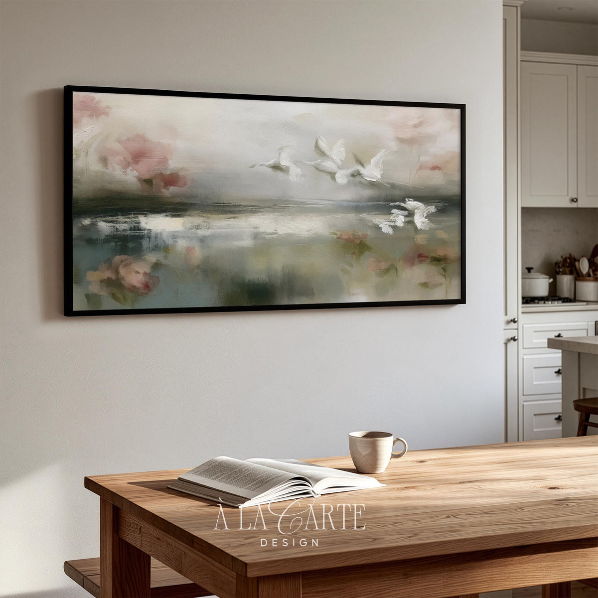 Graceful herons Frame TV screensaver — soft abstract waterscape with delicate flora framing and tranquil color palette