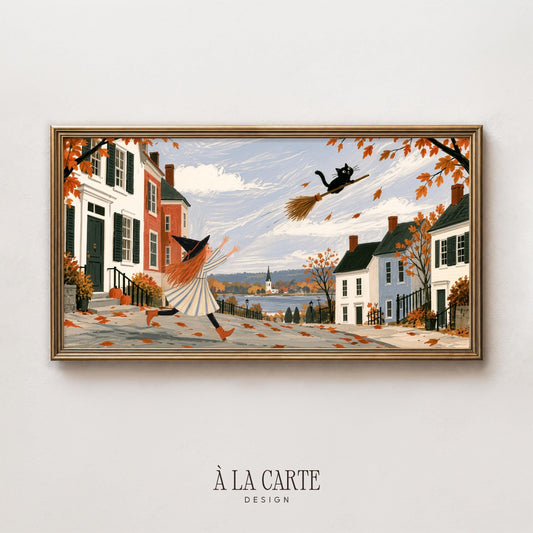 Cute witch strolling down autumn street with flying cat and broom — fall Frame TV art for living room, nostalgic folk-art style digital display
