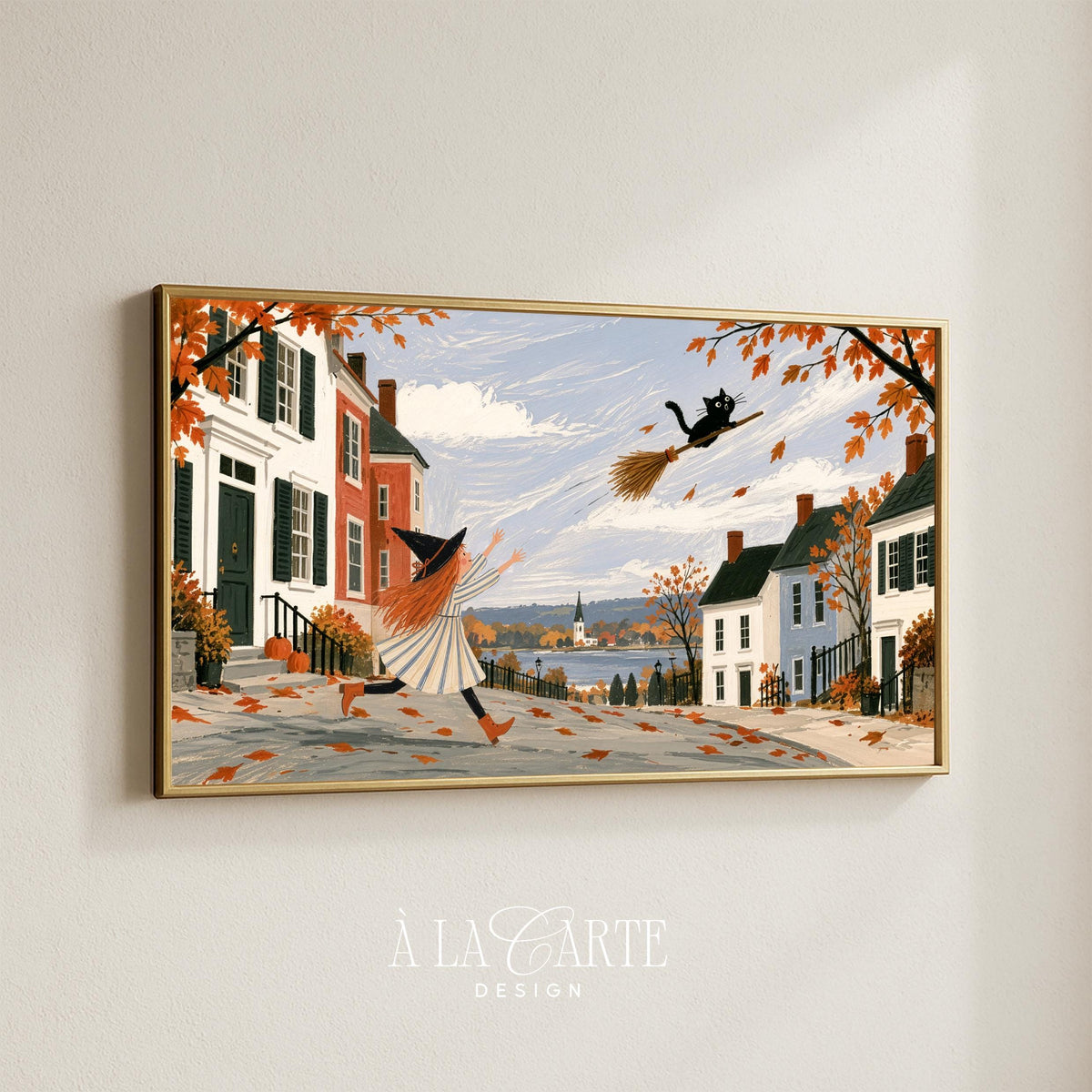 Folk-art witch illustration on picturesque autumn street with pet cat aloft — Screen art for Frame TV, cozy Halloween decor with hand-drawn quality and New England colonial architecture