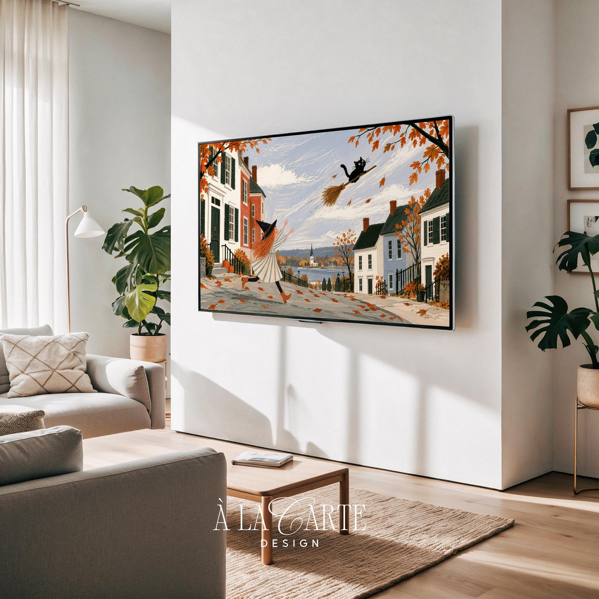 Charming October village tableau with witch protagonist and atmospheric fall foliage — Artwork television display for family room, soft vintage palette featuring whimsical seasonal character