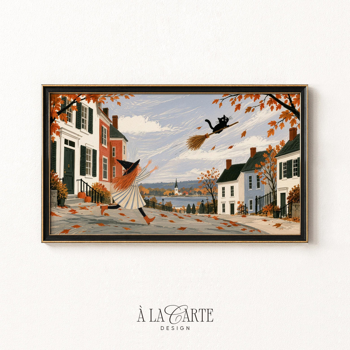 Cozy autumn street scene with witch and black cat overhead — Frame TV artwork for bedroom, hand-painted folk aesthetic with muted fall colors