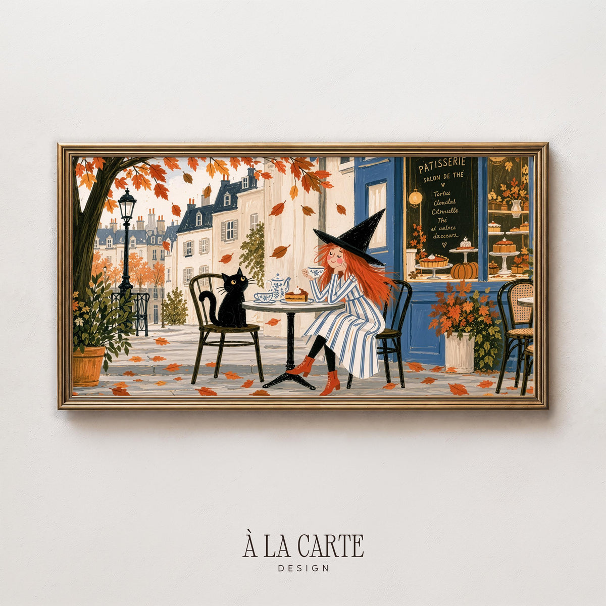Storybook witch enjoying tea digital art for TV — Halloween Frame TV artwork featuring charming European street, warm orange palette
