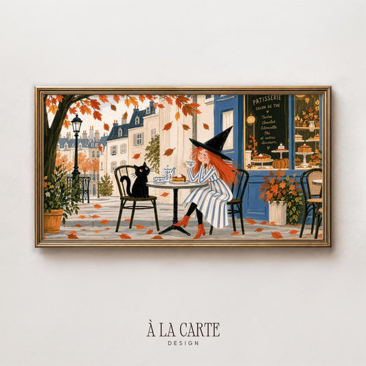 Storybook witch enjoying tea digital art for TV — Halloween Frame TV artwork featuring charming European street, warm orange palette