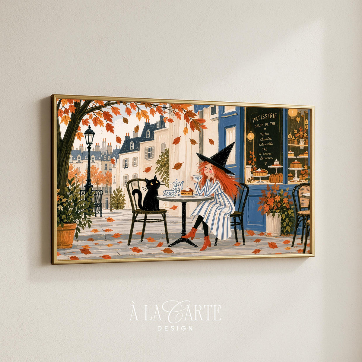 Witch with black cat Frame TV art for living room — cozy fall café scene with autumn leaves and pastries, Samsung TV screensaver download