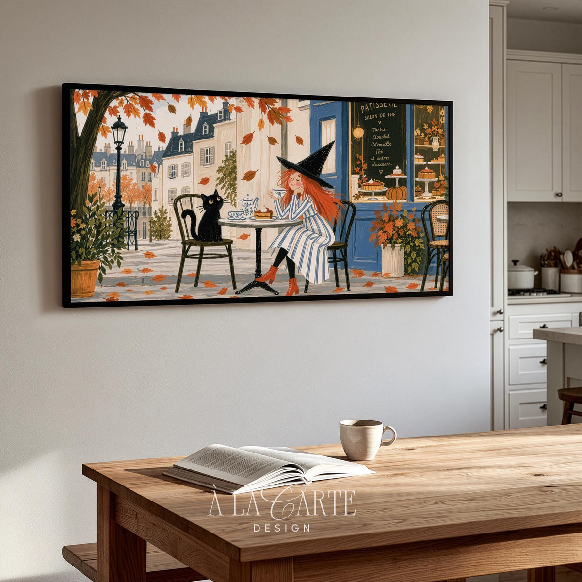 Whimsical Halloween Frame TV art download — witch enjoying beverage with companion cat, storybook European setting, soft illustrated brushwork