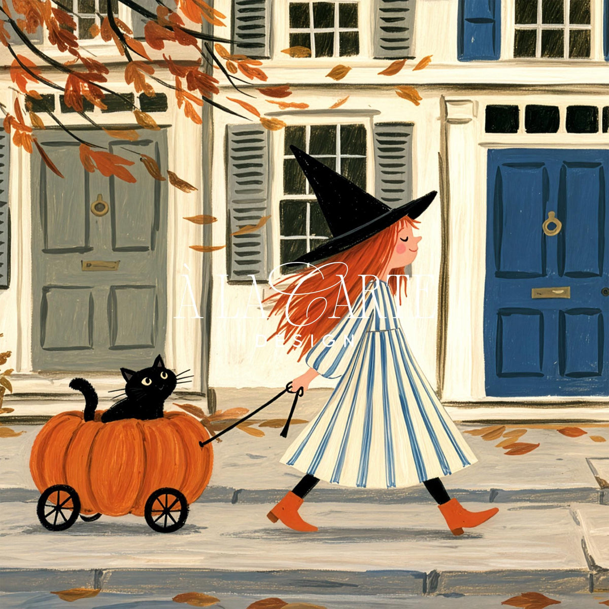 Cute witch pulling pumpkin wagon with black cat TV art for living room — folk-art style Samsung Frame TV download with autumn charm