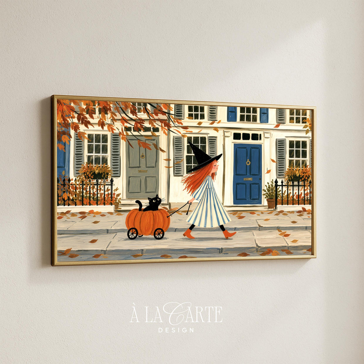 Whimsical character walking down autumn street Samsung picture TV art — festive kids Frame TV download with folk-painted details