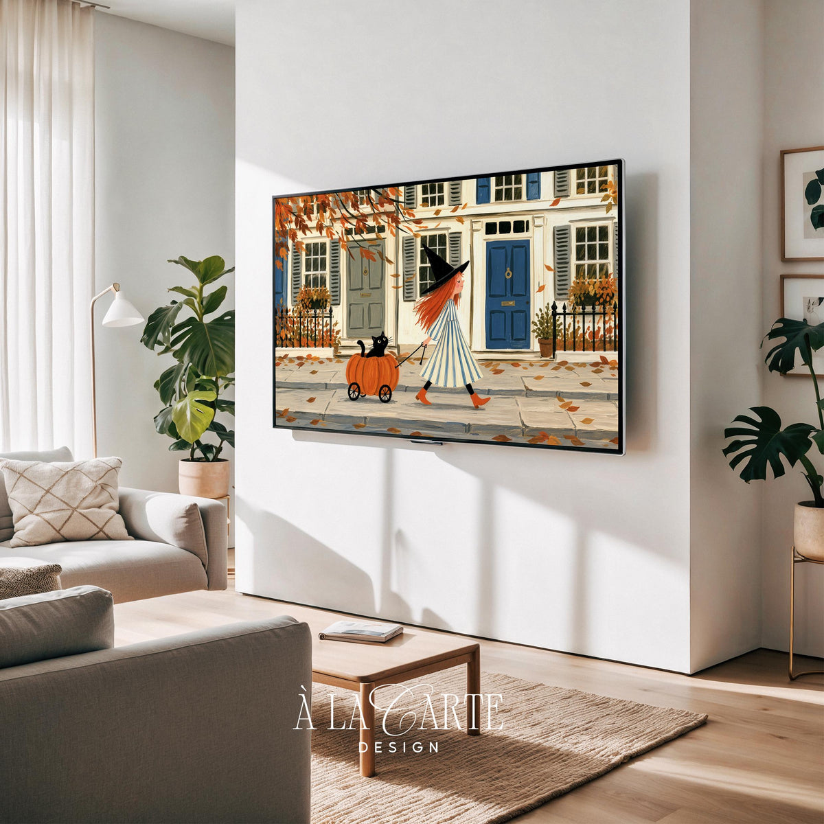 Black cat in orange wagon digital art for Frame TV — charming Halloween TV artwork with storybook aesthetic and muted color palette