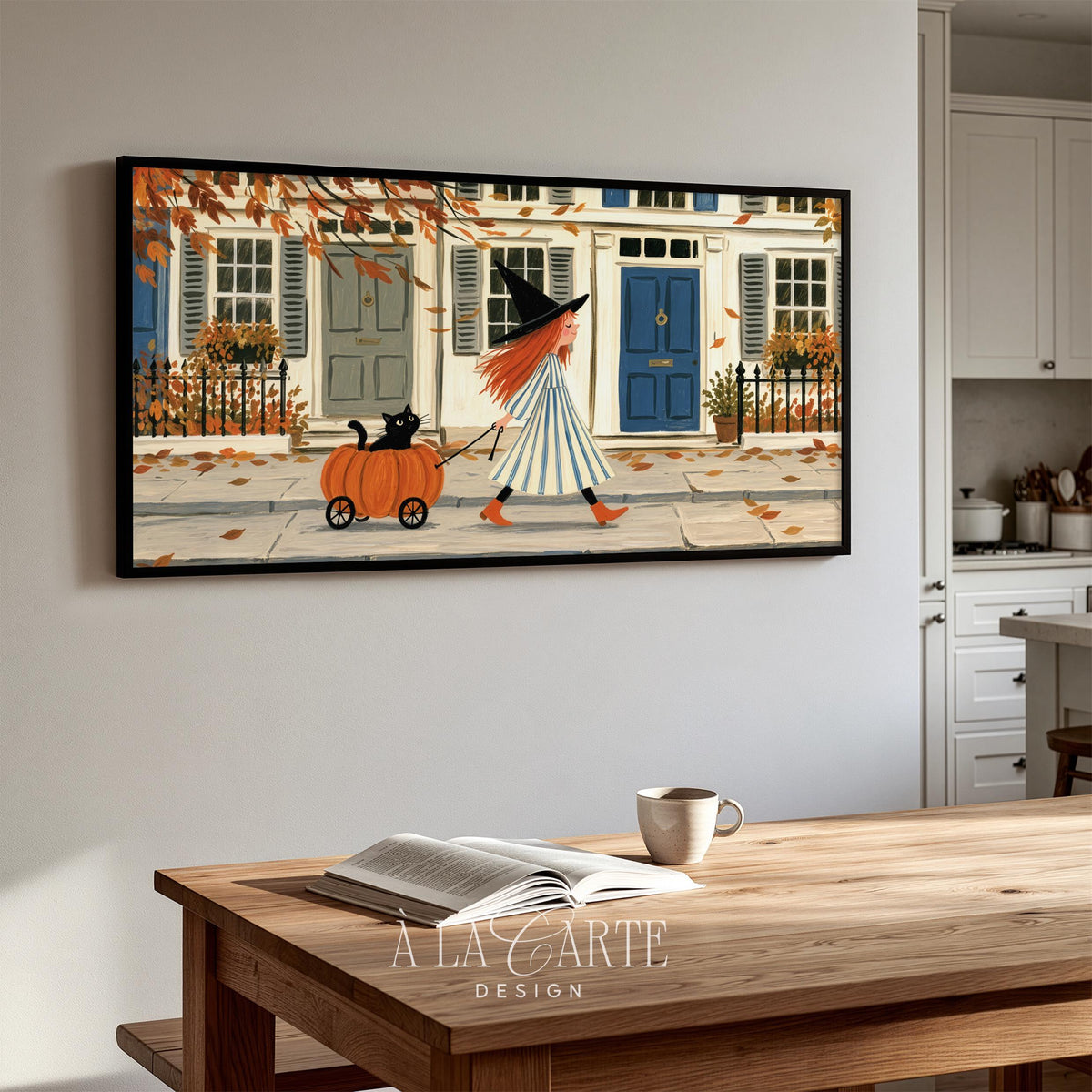 Halloween Frame TV art featuring witch character and feline companion — soft-textured artwork television with seasonal leaf-strewn sidewalk