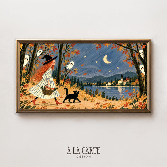 Red-haired witch with black cat Samsung Frame TV art — spooky-lite autumn forest scene with glowing moon and ghostly figures for living room