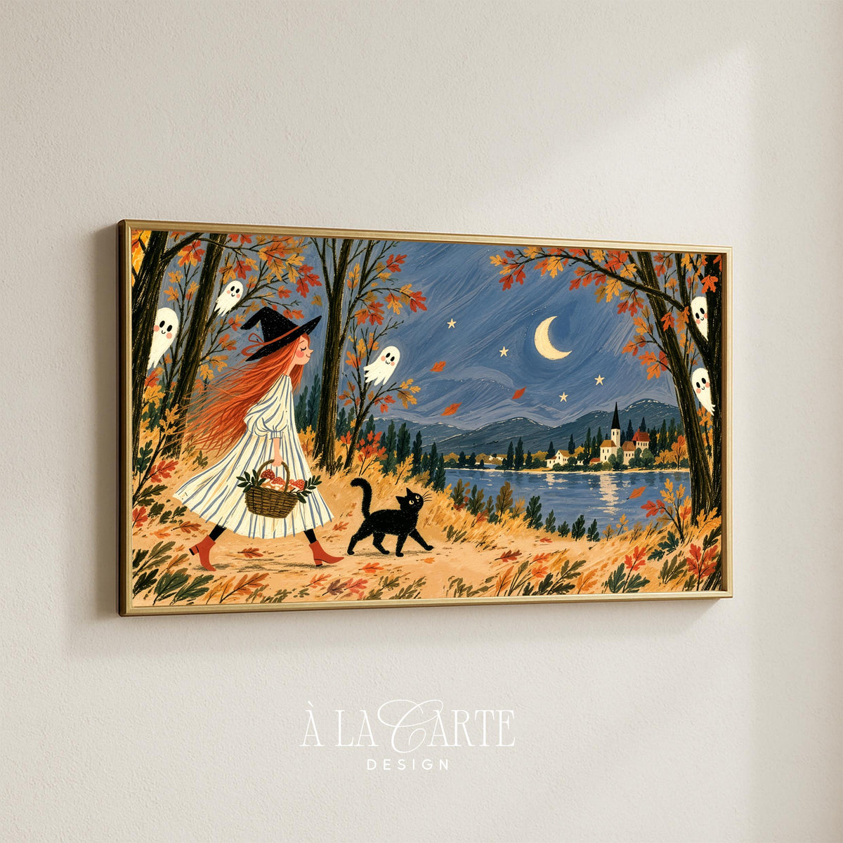 Autumn witch digital art for Samsung picture TV — nighttime forest walk with crescent moon, magical atmosphere, and playful spectral characters