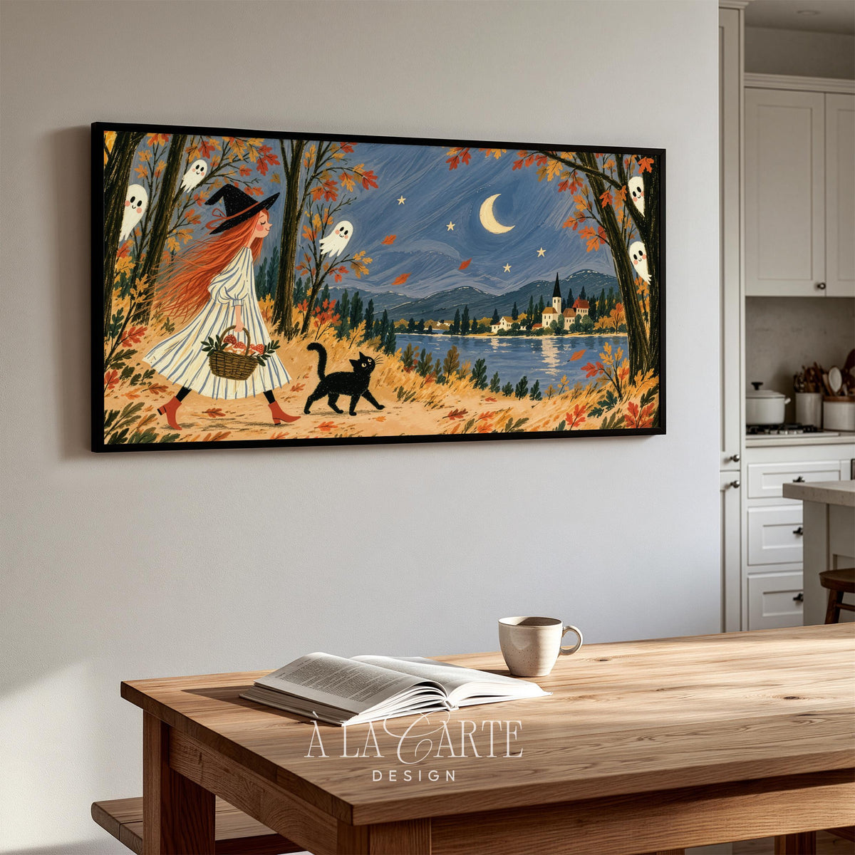 Enchanted woodland TV art for family room — witch character with black cat under starry navy sky, folk-art Halloween aesthetic with village glimpse