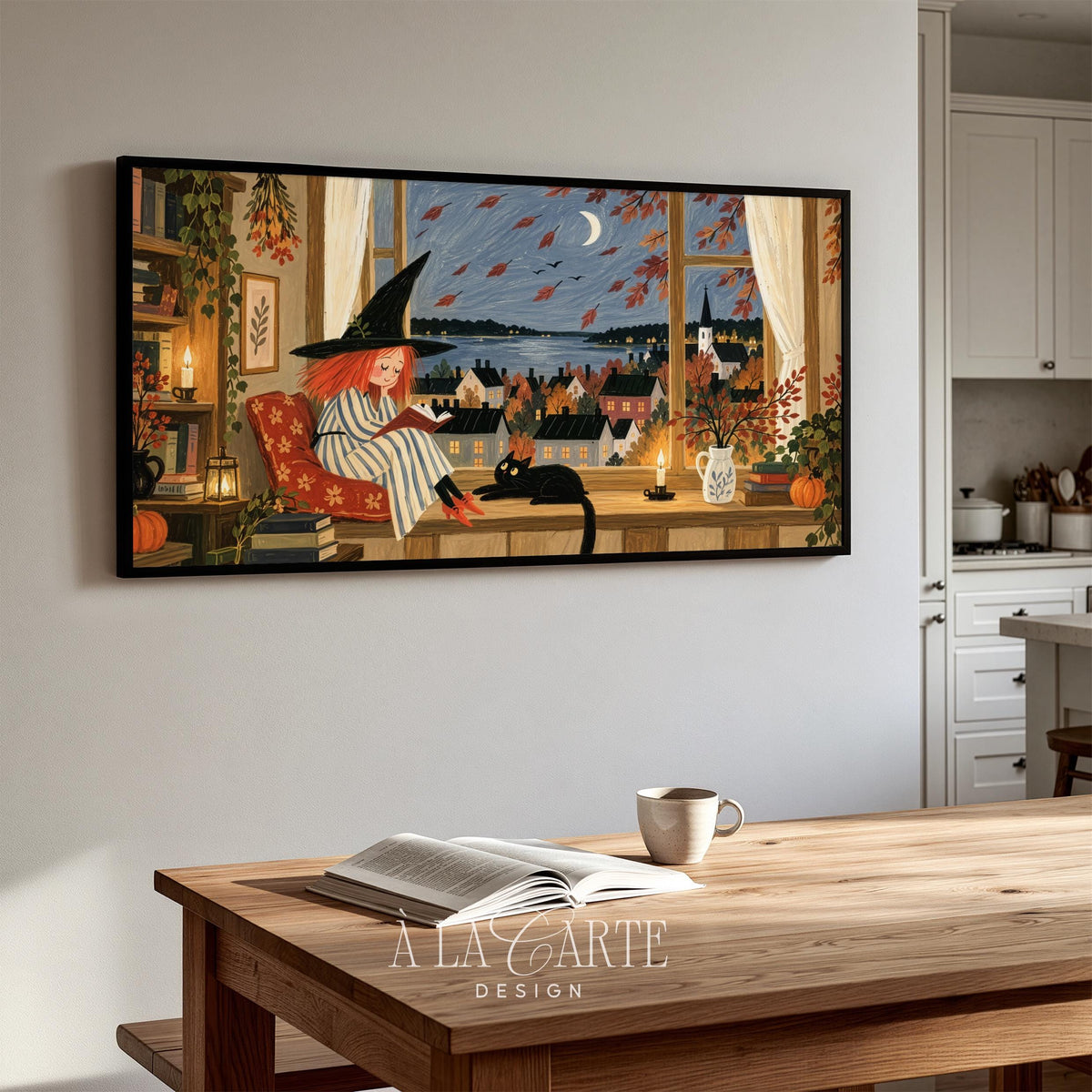 Halloween frame TV art showing girl curled up with book and cat — storybook aesthetic Samsung Frame TV download with cottage core charm