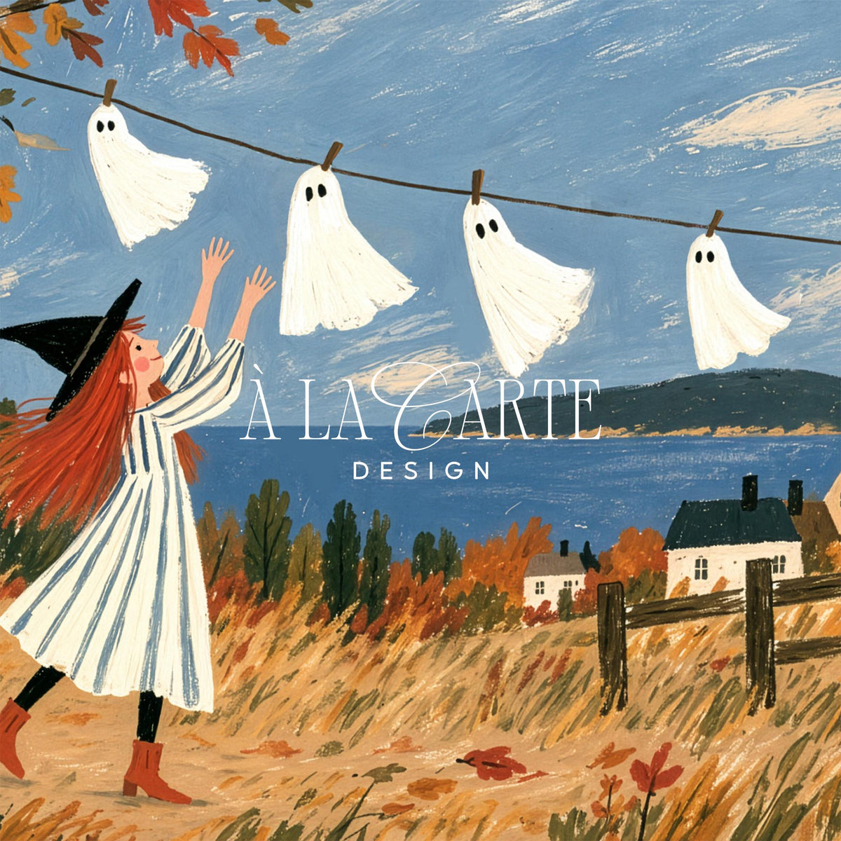 Enchanted autumn seaside framed TV art — Halloween screen art with witch, cat, weathered fences, and cloud-streaked sky landscape