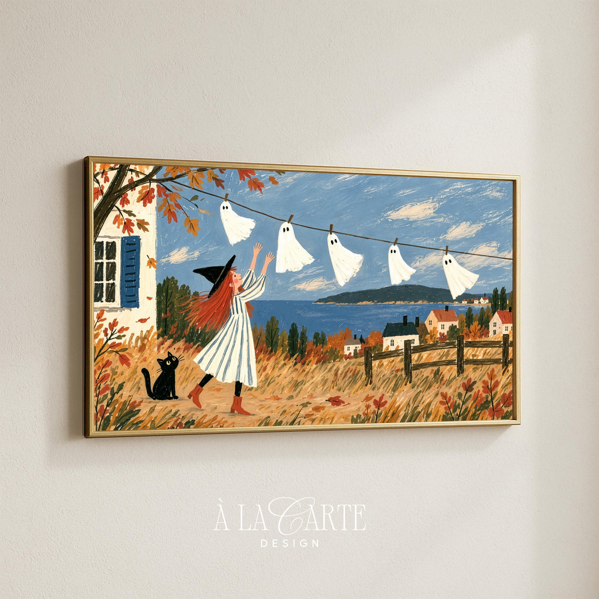 Ghostly Halloween laundry TV screensaver — kids frame TV art featuring charming witch character, orange trees, and bay landscape