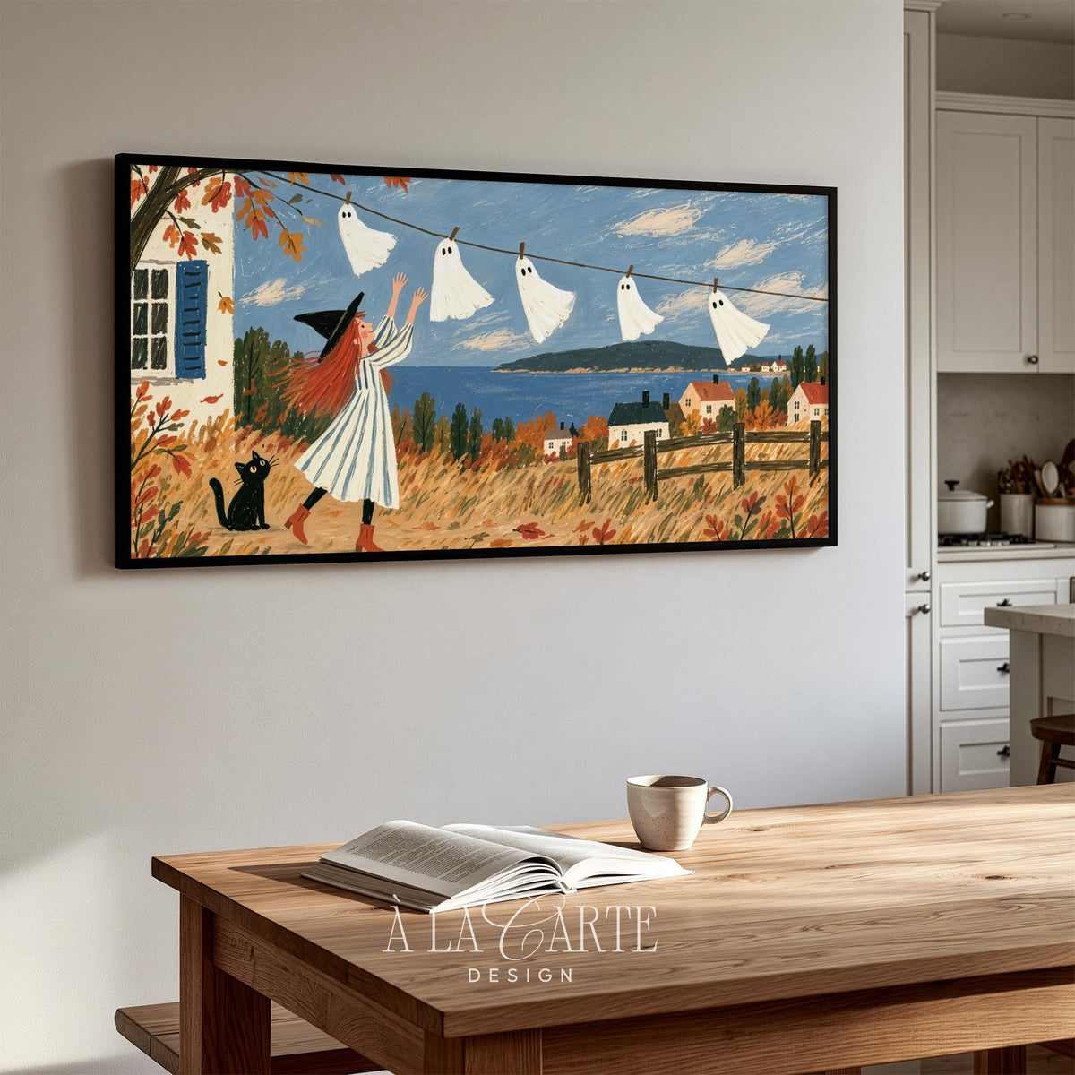 Spooky-cute ghost clothesline Samsung Frame TV art — whimsical fall screensaver featuring seaside village and textured painterly style