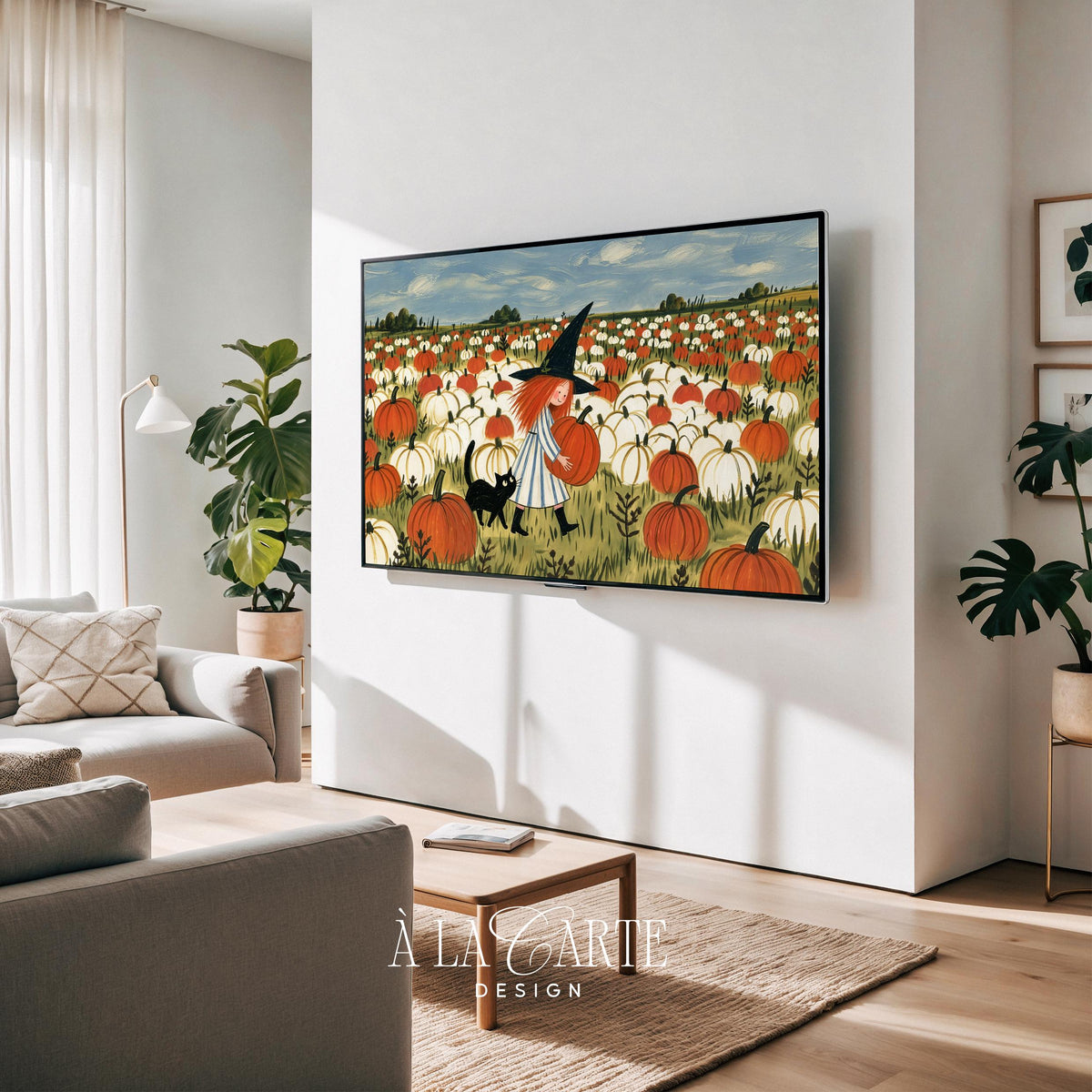 Young witch with red braid and black cat in pumpkin field Samsung Frame TV art — autumn TV screensaver with vintage storybook charm