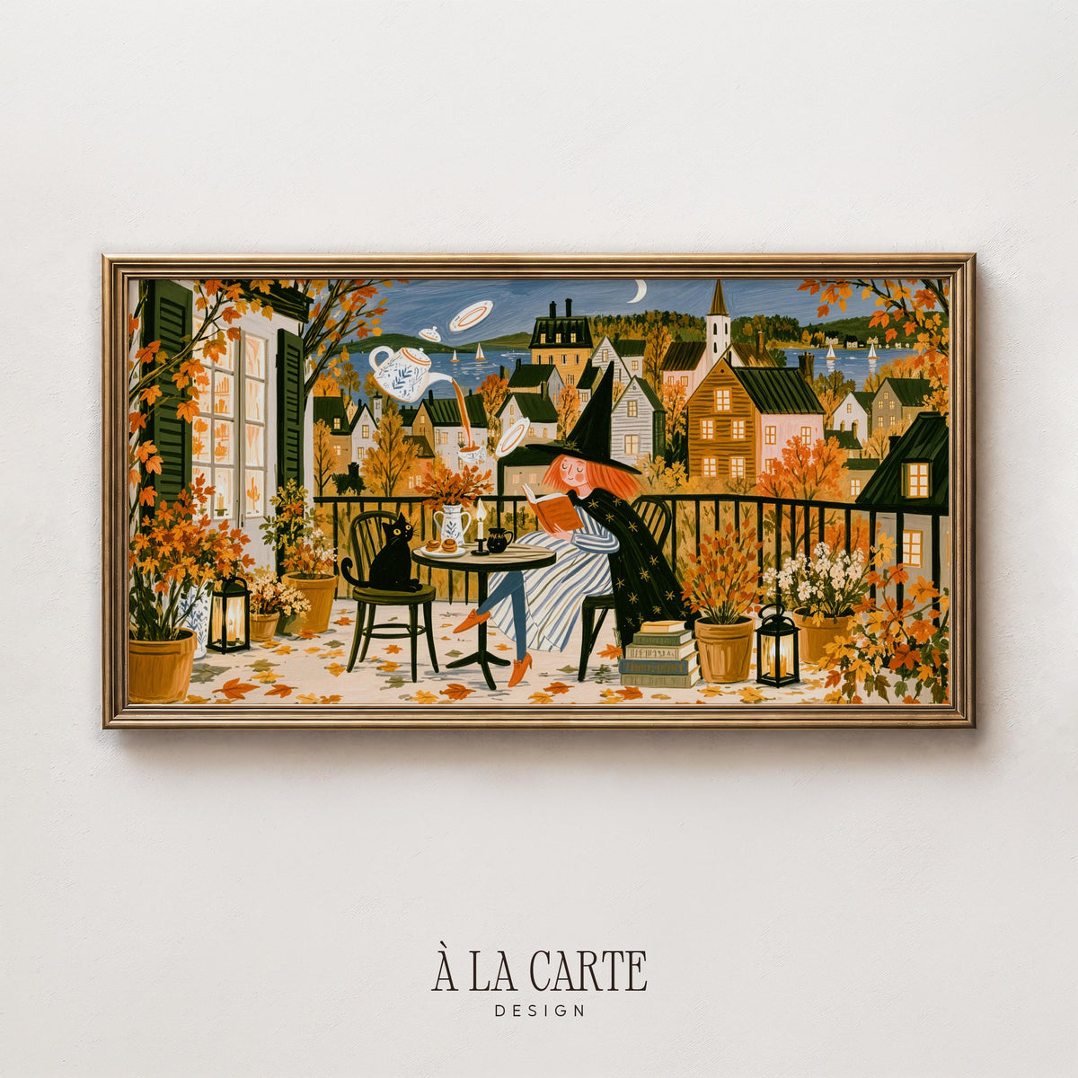 Witch's tea time balcony scene Samsung Frame TV art — cottagecore storybook TV painting with warm oranges, golds, and festive seasonal charm
