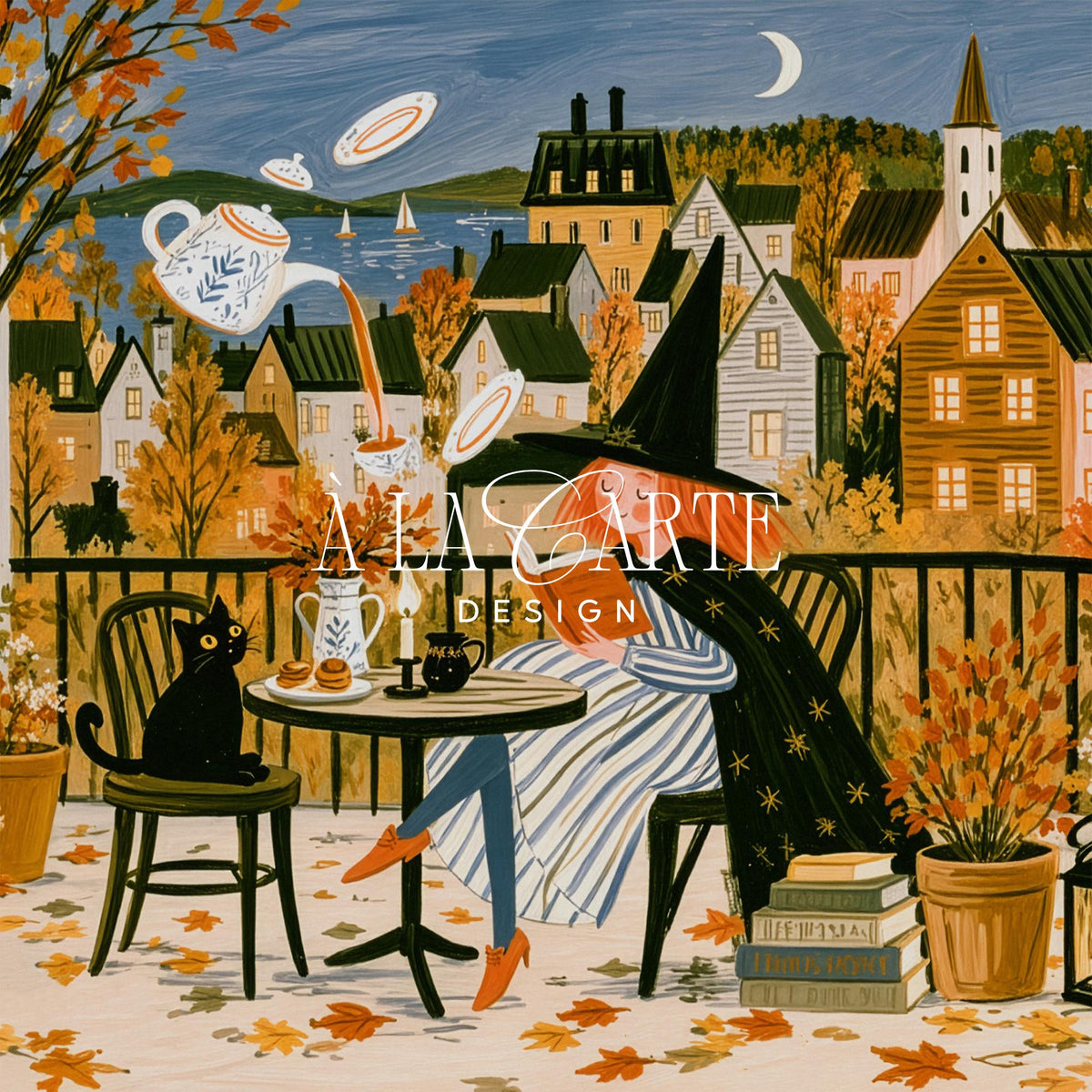 Whimsical autumn witch reading Frame TV artwork for home — cozy fall digital screensaver with lantern, ivy, and scattered leaves