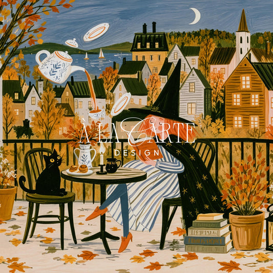 Whimsical autumn witch reading Frame TV artwork for home — cozy fall digital screensaver with lantern, ivy, and scattered leaves