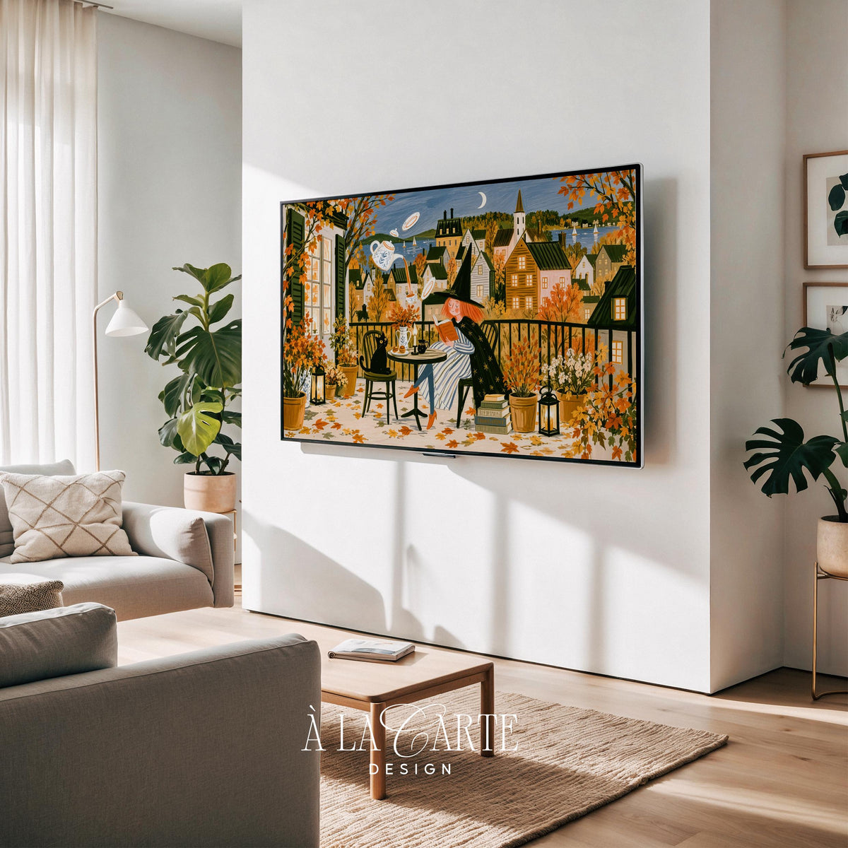 Witch reading book at café balcony Frame TV art — cozy autumn cottagecore digital art for living room with black cat and steaming teapot