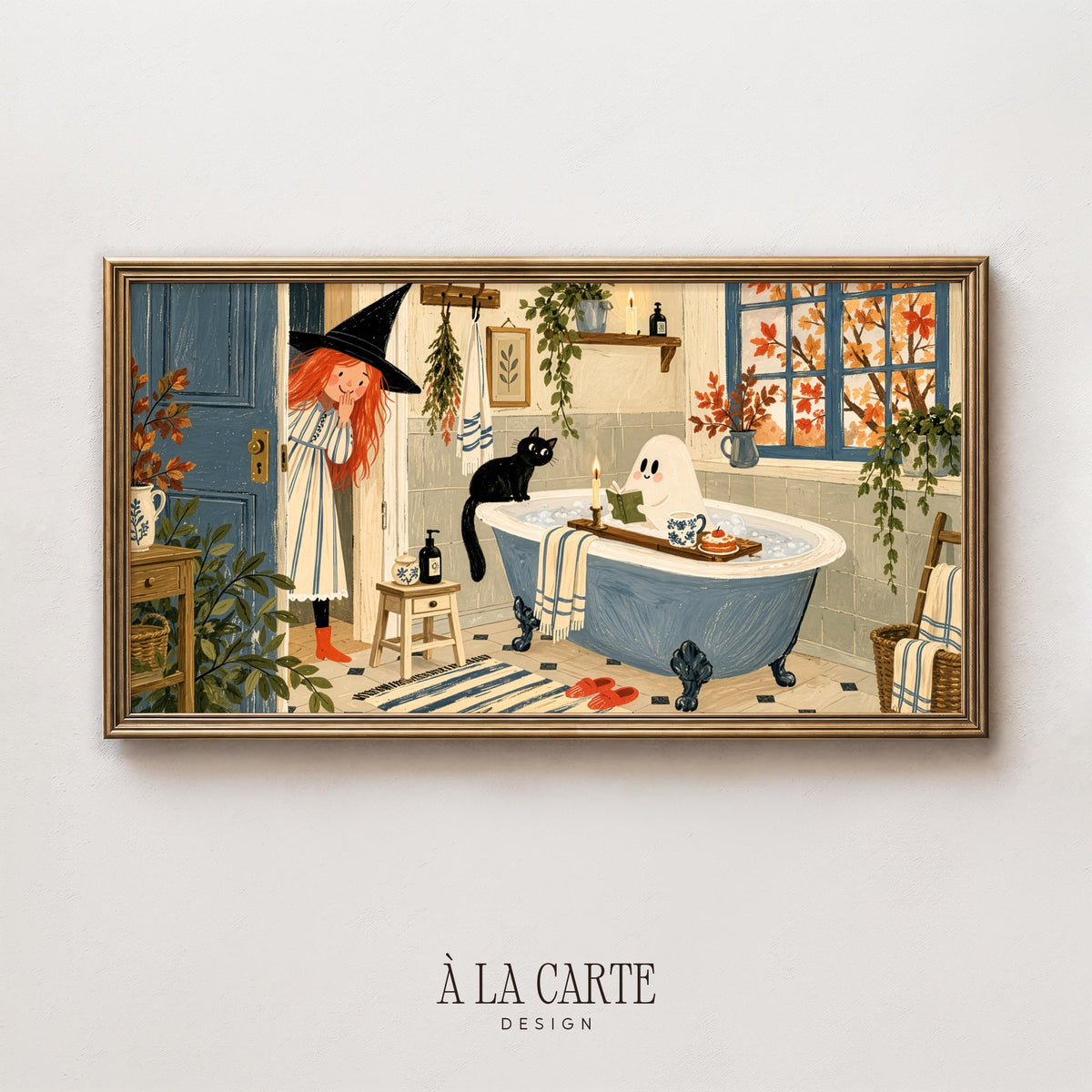 Cute cottage-core bathroom Frame TV art for kids' rooms — Sony art TV compatible digital download with young red-haired magic user, festive seasonal charm, and storybook illustration style