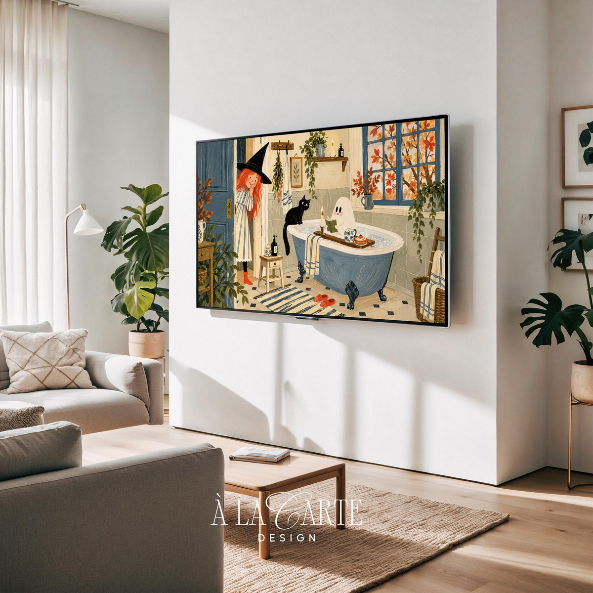 Red-haired witch peeking at bathroom Samsung Frame TV art — cute Halloween digital download featuring black cat and ghost in vintage tub setting