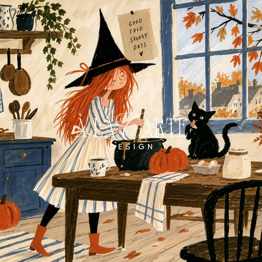 Bubbling potion pot Frame TV art for living room — whimsical Halloween screen art with folk-art painted witch and festive seasonal warmth