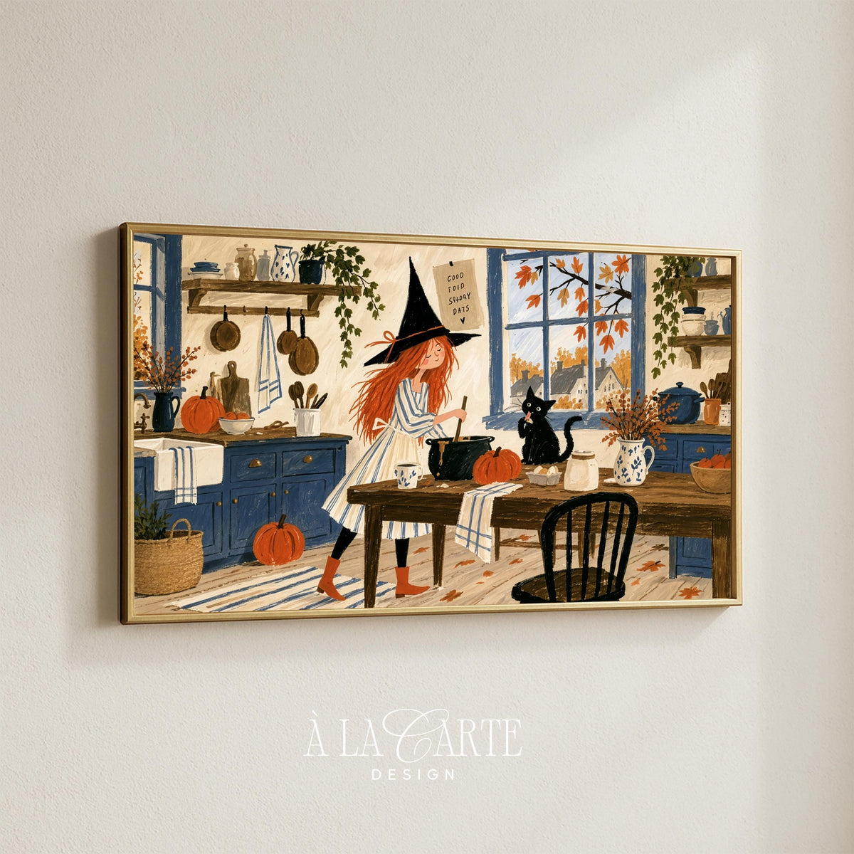 Witch with cauldron TV as painting for seasonal display — kids-friendly fall Frame TV art showing cozy kitchen garden with black feline companion