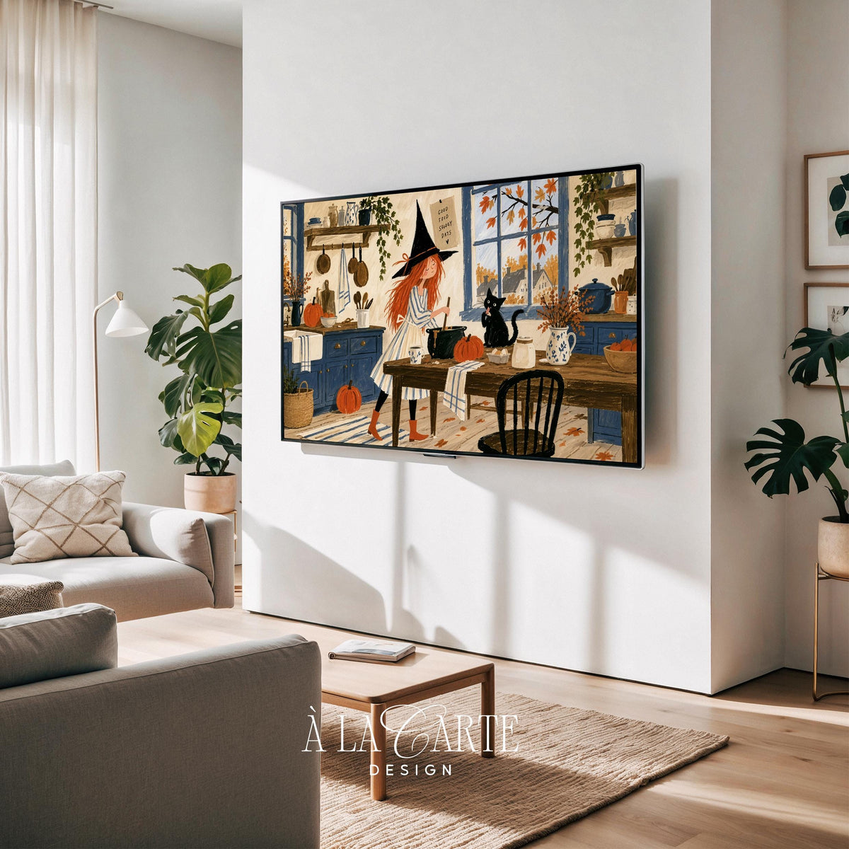 Harvest kitchen witch digital art for TV — cozy farmhouse Frame TV artwork with navy cabinets, dried florals, and pumpkin-orange palette