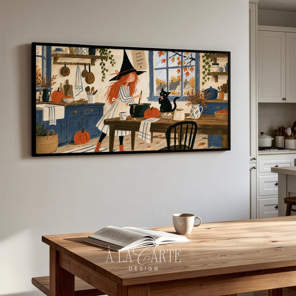 Witch and black cat artwork television for fall — Samsung Frame TV art featuring pumpkins, copper pots, and rustic cottage kitchen charm