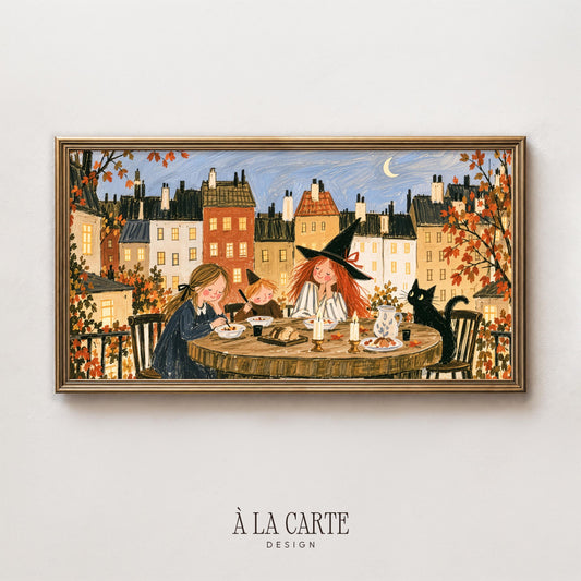 Whimsical fall gathering screen art — warm cottagecore Frame TV art for living room showing children in witch hats with candlelit outdoor table and forest mood
