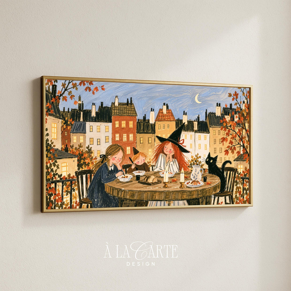 Halloween frame TV art for family room — charming young witches at harvest table with muted fall palette, crescent moon, and European village backdrop