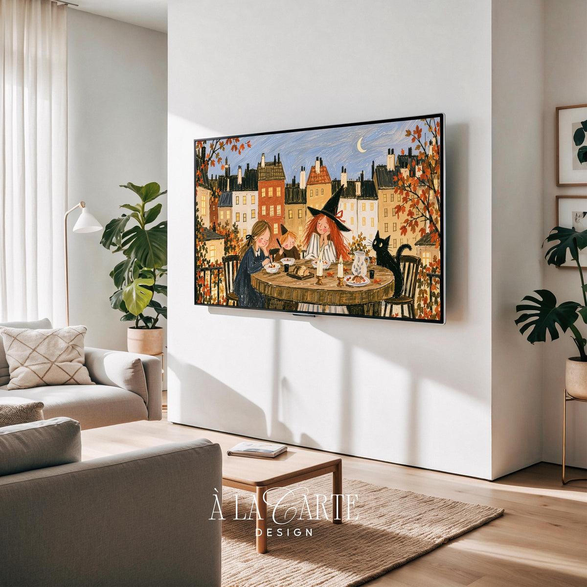 Kids enjoying fall feast with black cat TV art for Samsung Frame TV — whimsical vintage storybook aesthetic with soft painterly brushwork and dusky moon