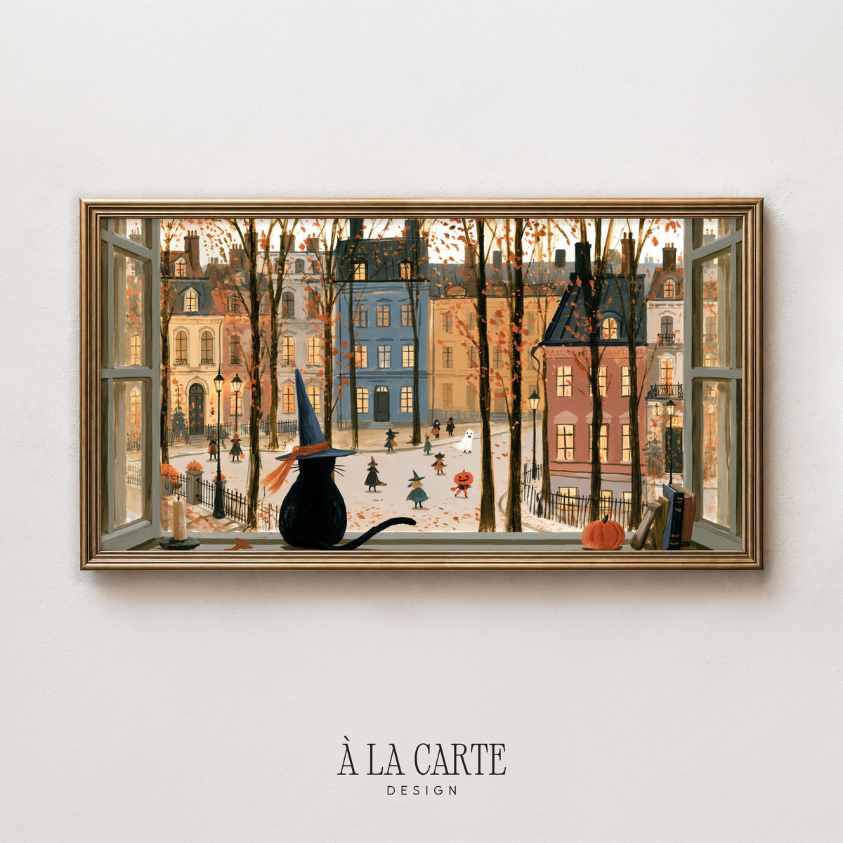 Whimsical Halloween Frame TV art for family room — digital TV screensaver with folk art style, window view, and enchanting small-town setting