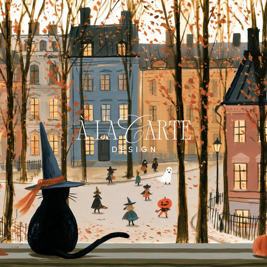 Cat in pointy hat artwork television — Frame TV download with cute seasonal mood, costumed figures, and autumnal leaf details